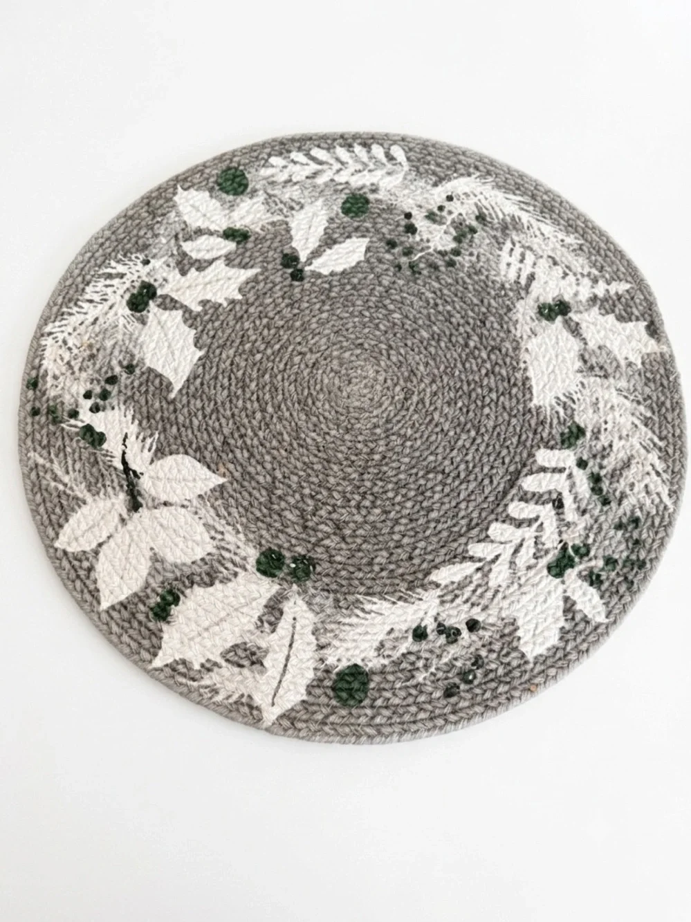 Set of 4 Braided Cotton Placemats - Gray Holly Leaf Holiday